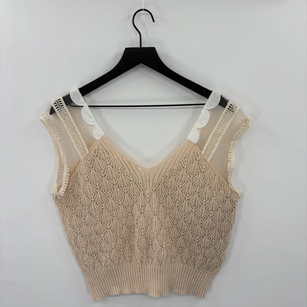 Beige Knit Sleeveless Sweater Tank with Mesh Straps